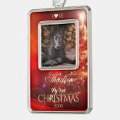 Huisdier foto kerstboom ornament, Rood - Verzilverd Omlijst Ornament (Links)