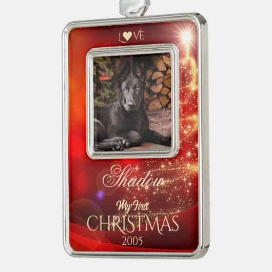 Huisdier foto kerstboom ornament, Rood - Verzilverd Omlijst Ornament (Links)