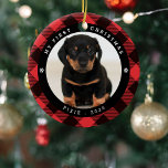 Huisdier foto 'Mijn Eerste Kerstmis' Plaid Kerstmi Keramisch Ornament<br><div class="desc">Vier uw huisdieren 1e Kerstmis met dit schattige dog/cat foto ornament. Design beschikt over een traditionele rode buffel plaid achtergrond,  een foto van uw huisdier en de tekst 'MY FIRST CHRISTMAS',  hun naam en jaar.</div>