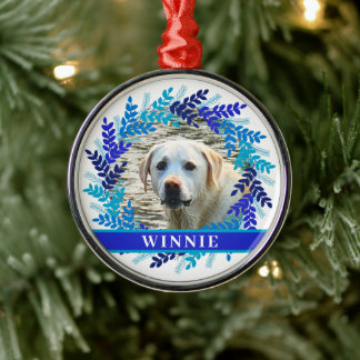 Huisdier Gepersonaliseerde Foto Kerst Blauwe Krans Metalen Ornament