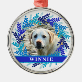Huisdier Gepersonaliseerde Foto Kerst Blauwe Krans Metalen Ornament
