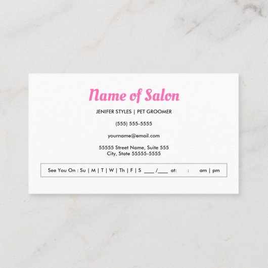 Huisdier Grooming Girly Pink Bow Schattigee Puppy Afsprakenkaartje (Achterkant)