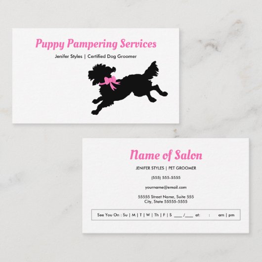 Huisdier Grooming Girly Pink Bow Schattigee Puppy Afsprakenkaartje (Voorkant / Achterkant)