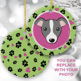 Huisdier hond cartoon Custom foto Paw prints Groen Keramisch Ornament