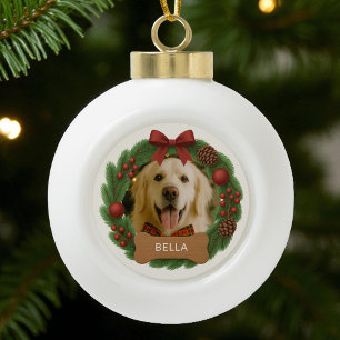 Huisdier Hond Foto Eenvoudige Vakantie Kerstkrans Keramische Bal Ornament