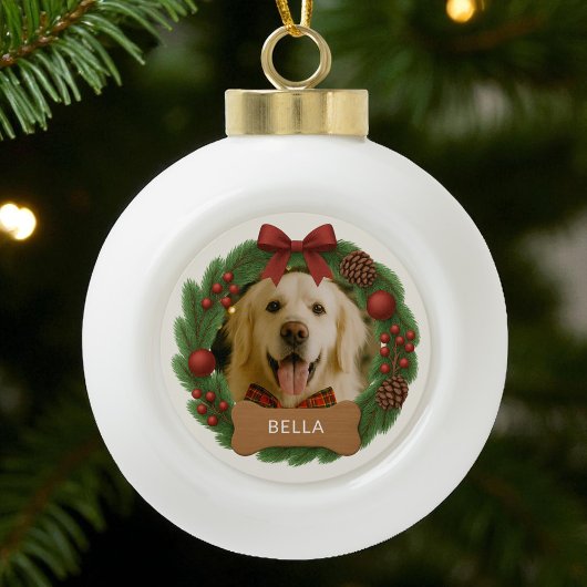 Huisdier Hond Foto Eenvoudige Vakantie Kerstkrans Keramische Bal Ornament