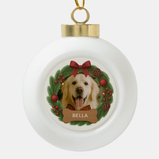 Huisdier Hond Foto Eenvoudige Vakantie Kerstkrans Keramische Bal Ornament (Voorkant)
