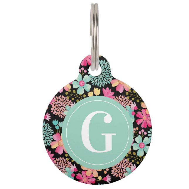 Huisdier Honden Kat ID Monogram Initiaal Bloem Huisdierpenning (Voorkant)