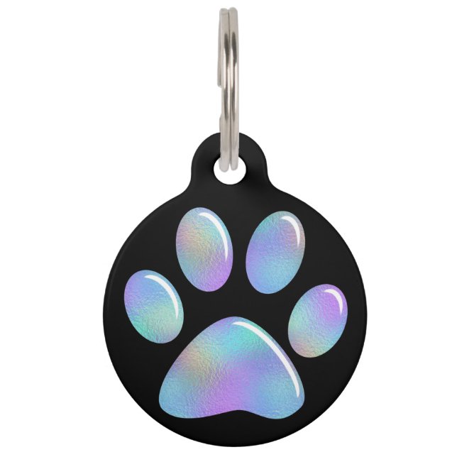 Huisdier ID Tag - Rainbow Iridescent Paw Print Huisdierpenning (Voorkant)