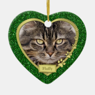 Huisdier Kat Memorial Groen Goud Hart Foto Kerstmi Keramisch Ornament