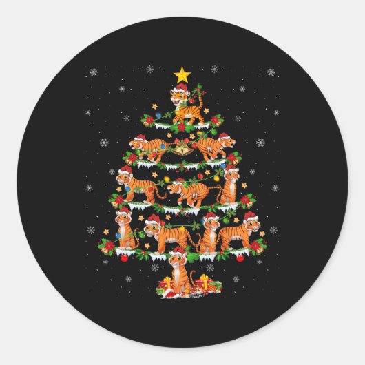 Huisdier Kerstmis Lights Santa Tiger Kerstboom Ronde Sticker (Voorkant)