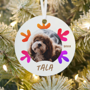 Huisdier Naam Foto Kleurrijke Sneeuwvlok Hond Metalen Ornament