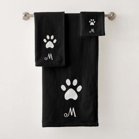 Huisdier Paw & Monogram op Zwarte Badhanddoek Set Bad Handdoek (Insitu)