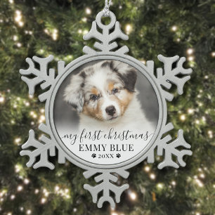 Huisdier Pootafdruk Hond Foto Eerste Kerstmis Tin Sneeuwvlok Ornament