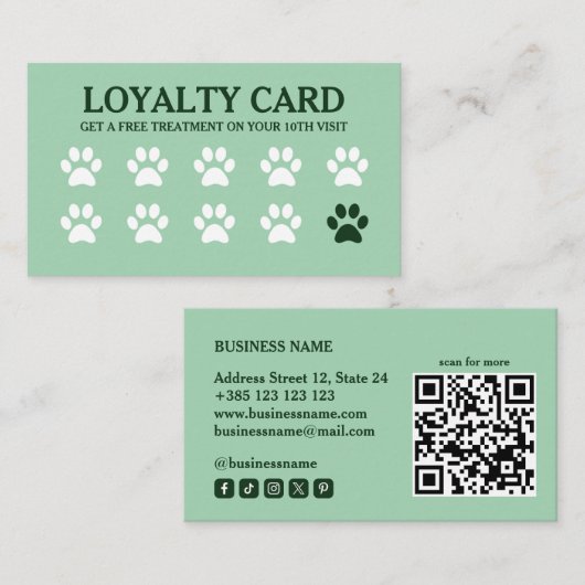 Huisdier QR Code Green Loyalty Kaart (Voorkant / Achterkant)