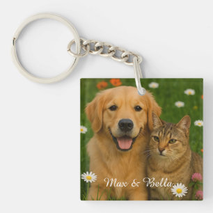 Huisdier Vrienden Hond Papa Kat Mam Bloemen Foto G Sleutelhanger