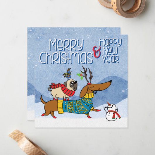 Huisdier Zakelijk Kerst Teckel Pug Honden Notitiekaartje (Voorkant / Achterkant in situ)