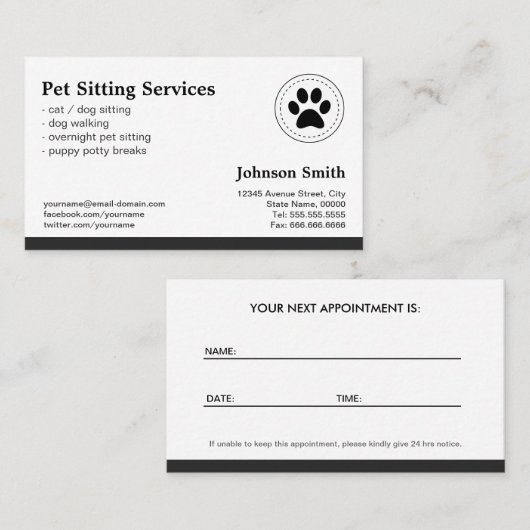 Huisdier Zitten Huisdier Zorg - Afspraak Afsprakenkaartje (Voorkant / Achterkant)