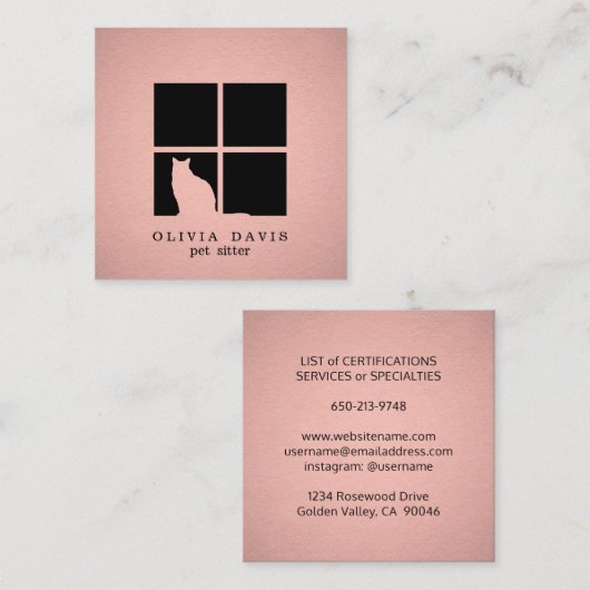Huisdier zitten Services Roze Rose Goud Faux Metal Vierkante Visitekaartje (Voorkant / Achterkant)