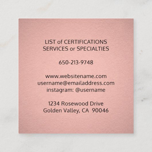 Huisdier zitten Services Roze Rose Goud Faux Metal Vierkante Visitekaartje (Achterkant)