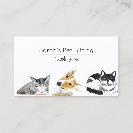 Huisdier Zittende Hond Kat Training Waterverf Visitekaartje (Voorkant)