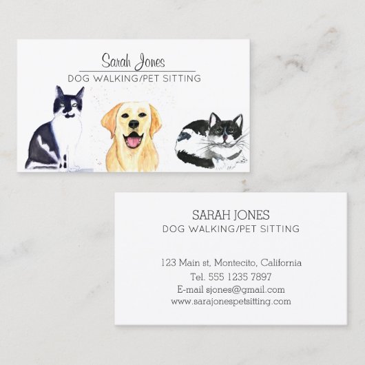 Huisdier Zittende Hond Wandelende Kat Waterverf Visitekaartje (Voorkant / Achterkant)