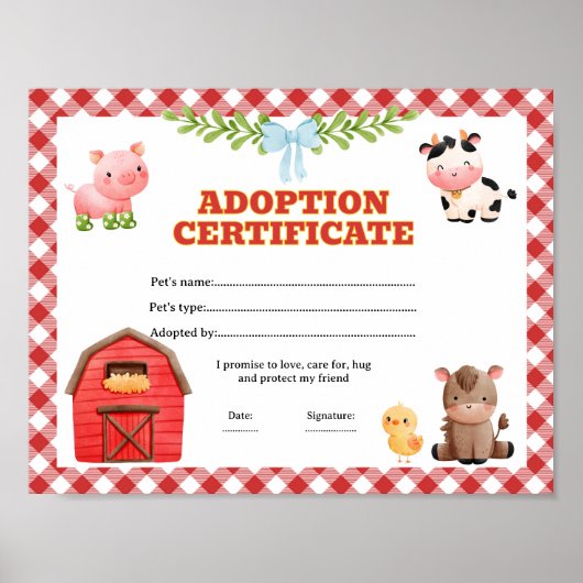 Huisdieradoptie boerderij kleurcertificaat poster (Voorkant)