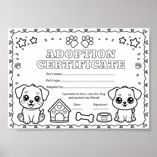 Huisdieradoptie certificaat kleurplaat hond poster (Voorkant)