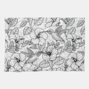 Huisdieren en hibiscus bloemen b&w theedoek