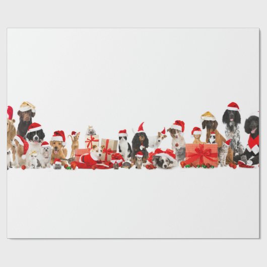 Huisdieren in Santa hoeden Kerstmis Wrapping Papie Cadeaupapier (Vlak)