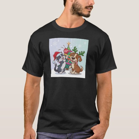 Huisdieren kat en hond vieren kerstdag t-shirt (Voorkant)