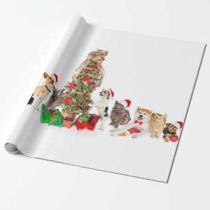 Huisdieren rond het kerstboominpakpapier cadeaupapier