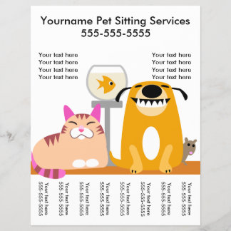 Huisdierenoppas Flyer met labels-hond, kat, vis, m