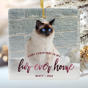 Huisdierfoto Eerste Kerstmis Thuis Burgundy Keramisch Ornament