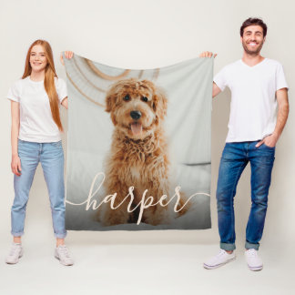 Huisdierfoto & handgeschreven naam in script fleece deken