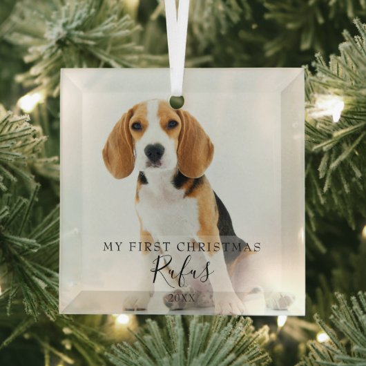 Huisdierfoto Moderne Script Mijn Eerste Kerstmis Glas Ornament (Insitu)