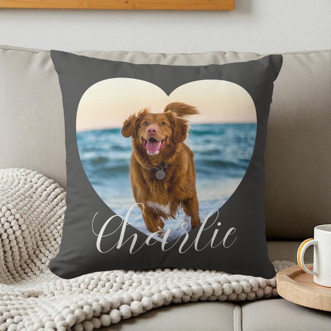 Huisdierfoto Script Grijs Cute Hart Persoonlijke H Kussen (Pet Photo Script Gray Cute Heart Personalized Dog Throw Pillow)