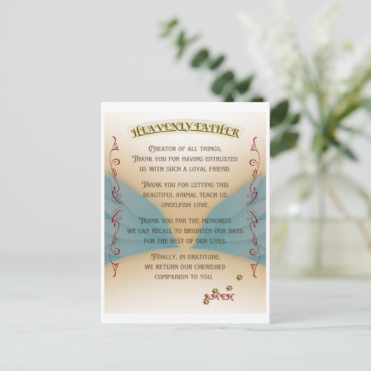 Huisdierherdenkingsgebed, engelenvleugels en poten briefkaart (Staand voorkant)
