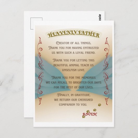 Huisdierherdenkingsgebed, engelenvleugels en poten briefkaart (Voorkant / Achterkant)