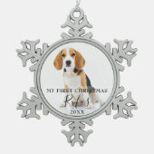 Huisdierhond Foto Eerste Kerst Script Tin Sneeuwvlok Ornament (Voorkant)