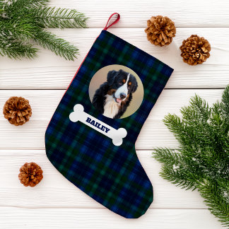 Huisdierhond Foto Navy Blauwe Schotse Plaid Naam i Kleine Kerstsok