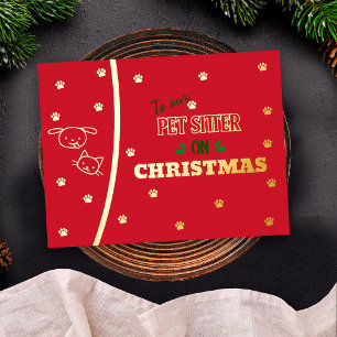Huisdieroppasser met Kerstmis Kat en Hond Gouden V Folie Feestdagen Briefkaart