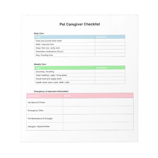 Huisdierverzorger Checklijst Notitieblok (Voorkant)