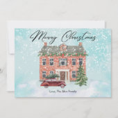 Huiselijk huis en besneeuwde kerst plat ontwerp feestdagenkaart (Voorkant)