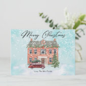 Huiselijk huis en besneeuwde kerst plat ontwerp feestdagenkaart (Staand voorkant)