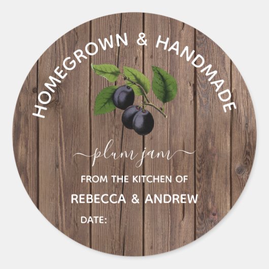 Huisgeteeld & Handgemaakt Plum Jam Barn Wood Ronde Sticker (Voorkant)