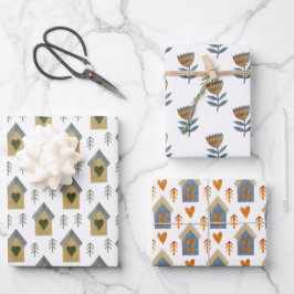 Huishoudens, harten en bloemen inpakpapier vel