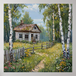 Huisje Landelijke cottage berkenbos muurdecoratie Poster