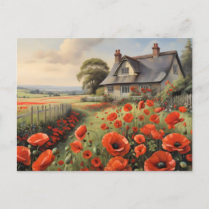 Huisje met piket hek en rode poppie weide briefkaart