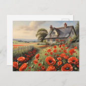 Huisje met piket hek en rode poppie weide briefkaart (Voorkant / Achterkant)